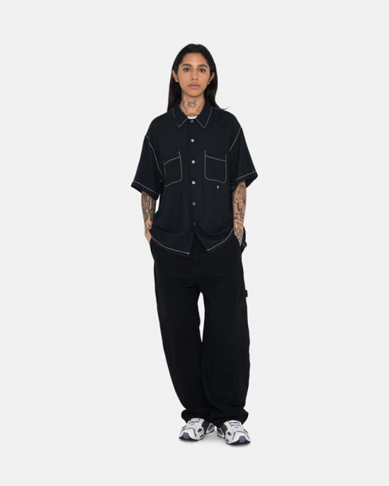 Stussy Contrast Pick Stitched Shirt Hemd Damen Schwarz Österreich | SAM-7411