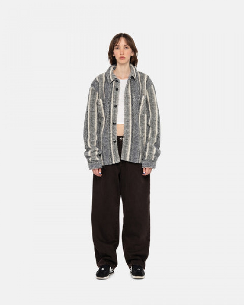 Stussy Gestreift Sherpa Shirt Hemdjacken Damen Charcoal Österreich | QXM-2915