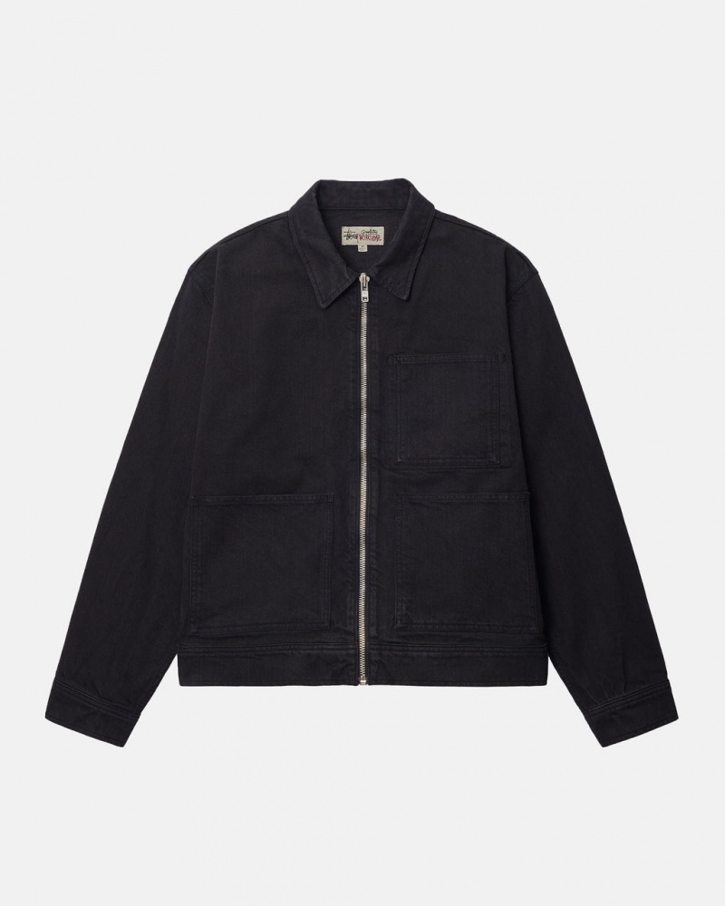 Stussy Zip Arbeits Jacket Overdyed Denim Herren Schwarz Schwarz Österreich | NKB-0137